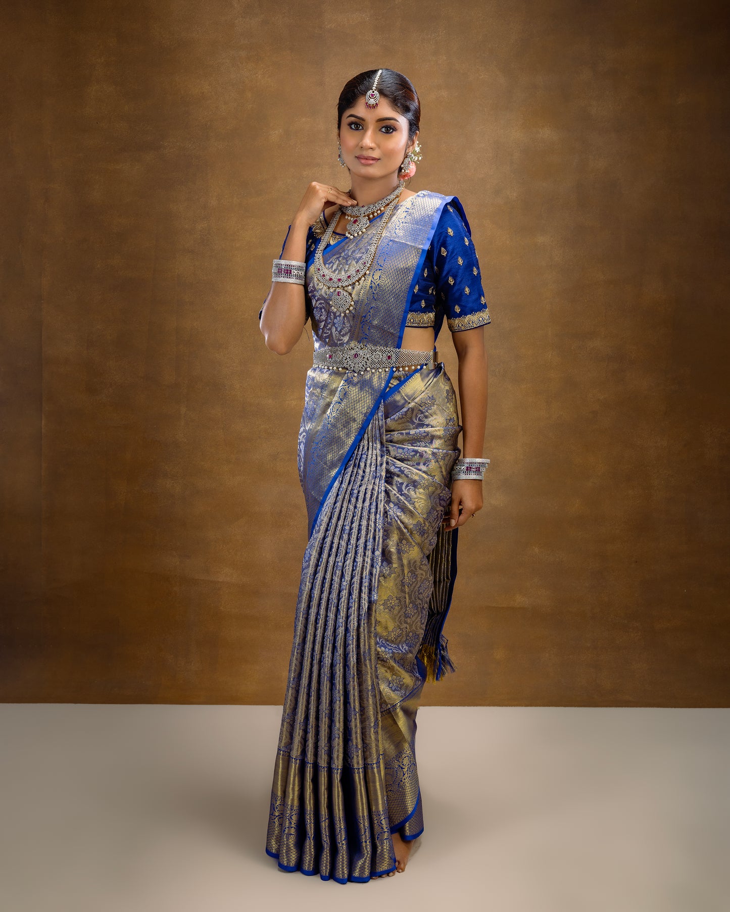 Electric Blue Gold Silver Woven Silk