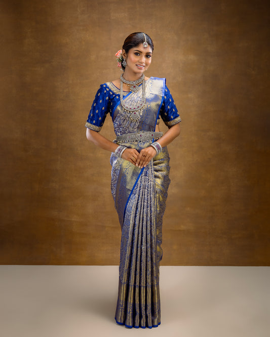 Electric Blue Gold Silver Woven Silk