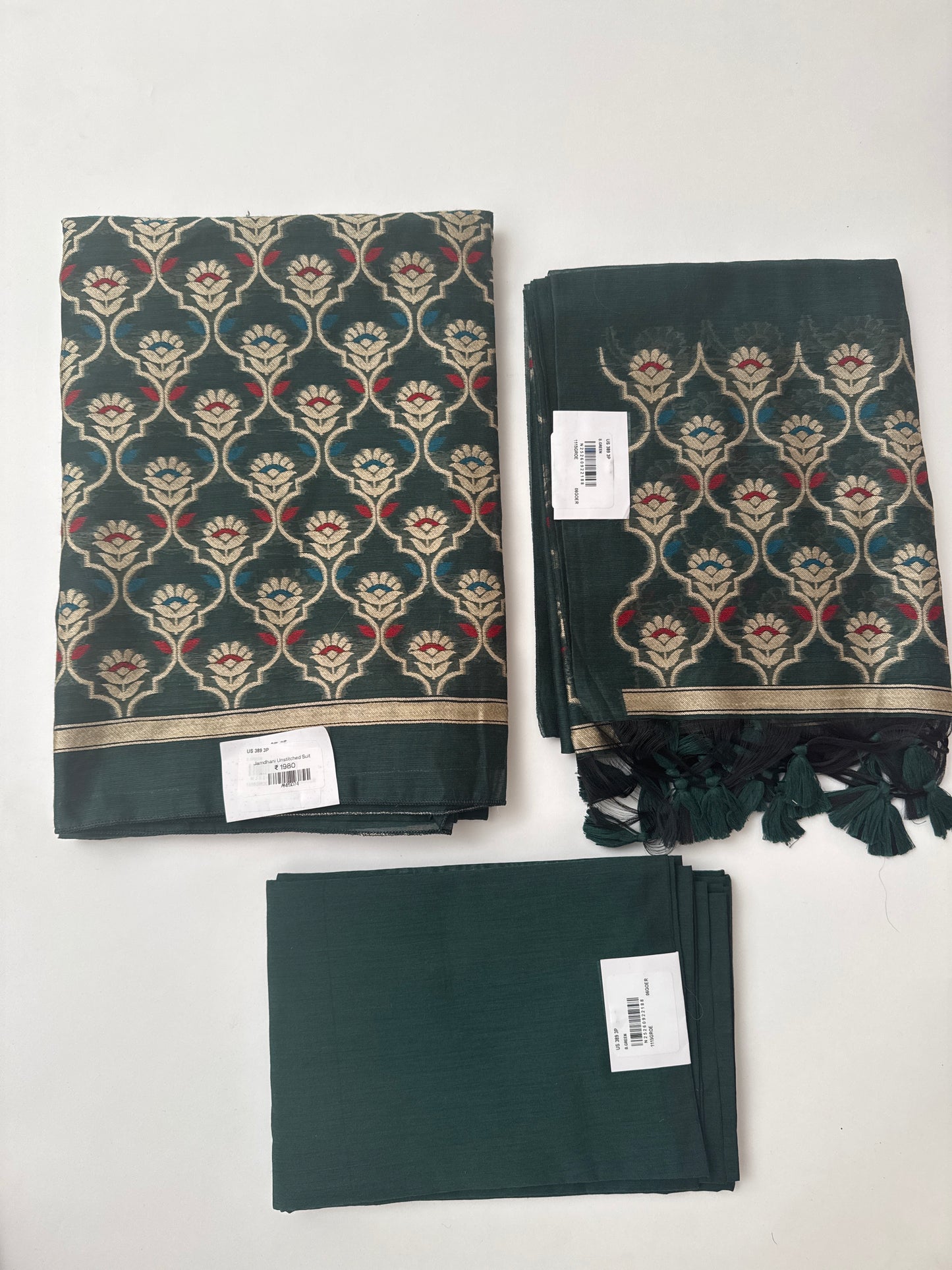 Jamdhani Green Unstitched Suit