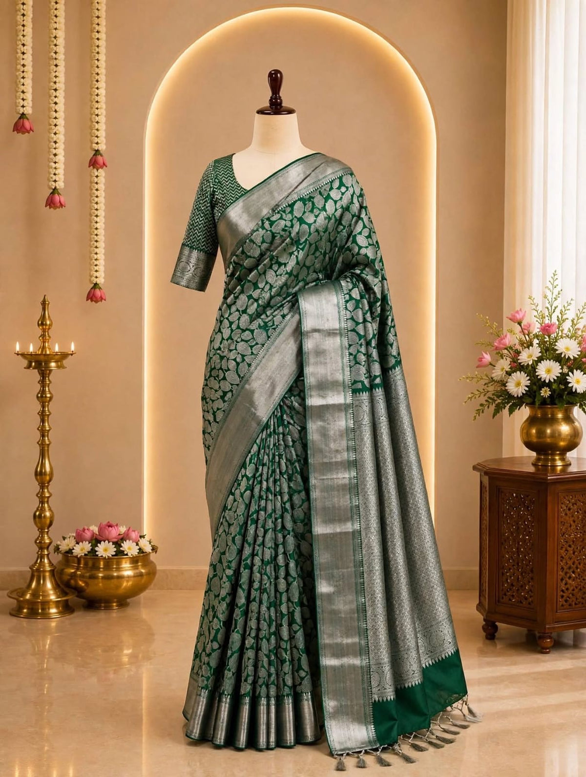Bottle Green Silver Woven Silk Saree