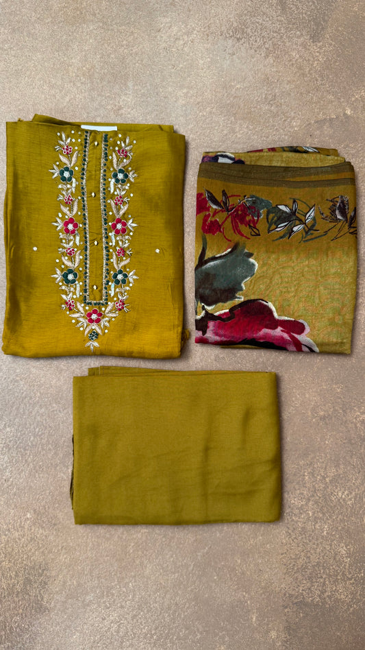 Mustard Yellow Embroidered Unstitched Suit