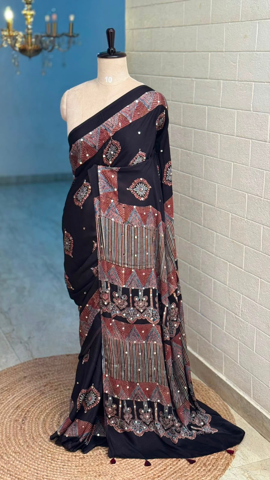 Modal Mirror Work Saree Black