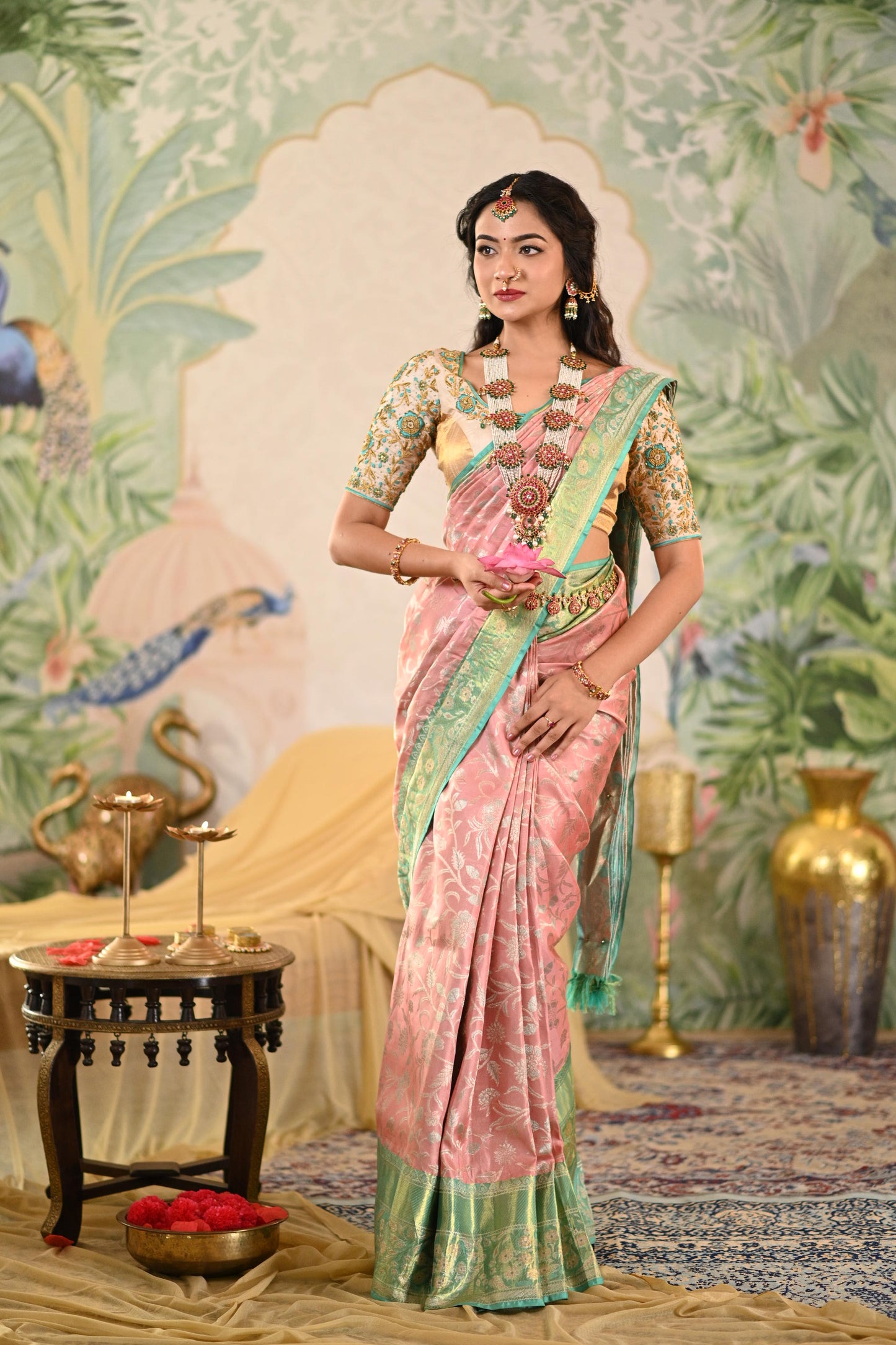 Peach & Sea Green Woven Silk