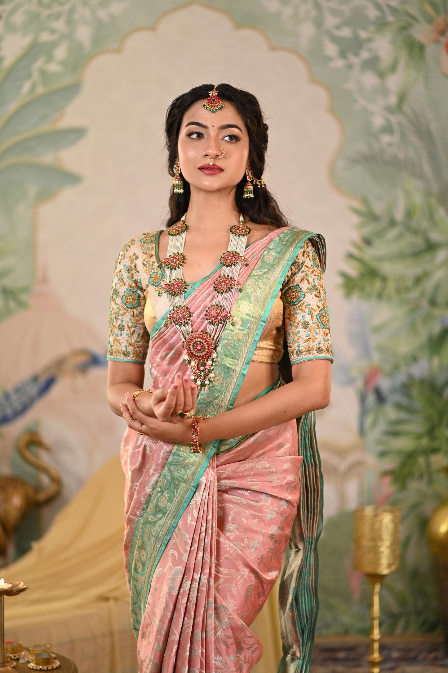 Peach & Sea Green Woven Silk