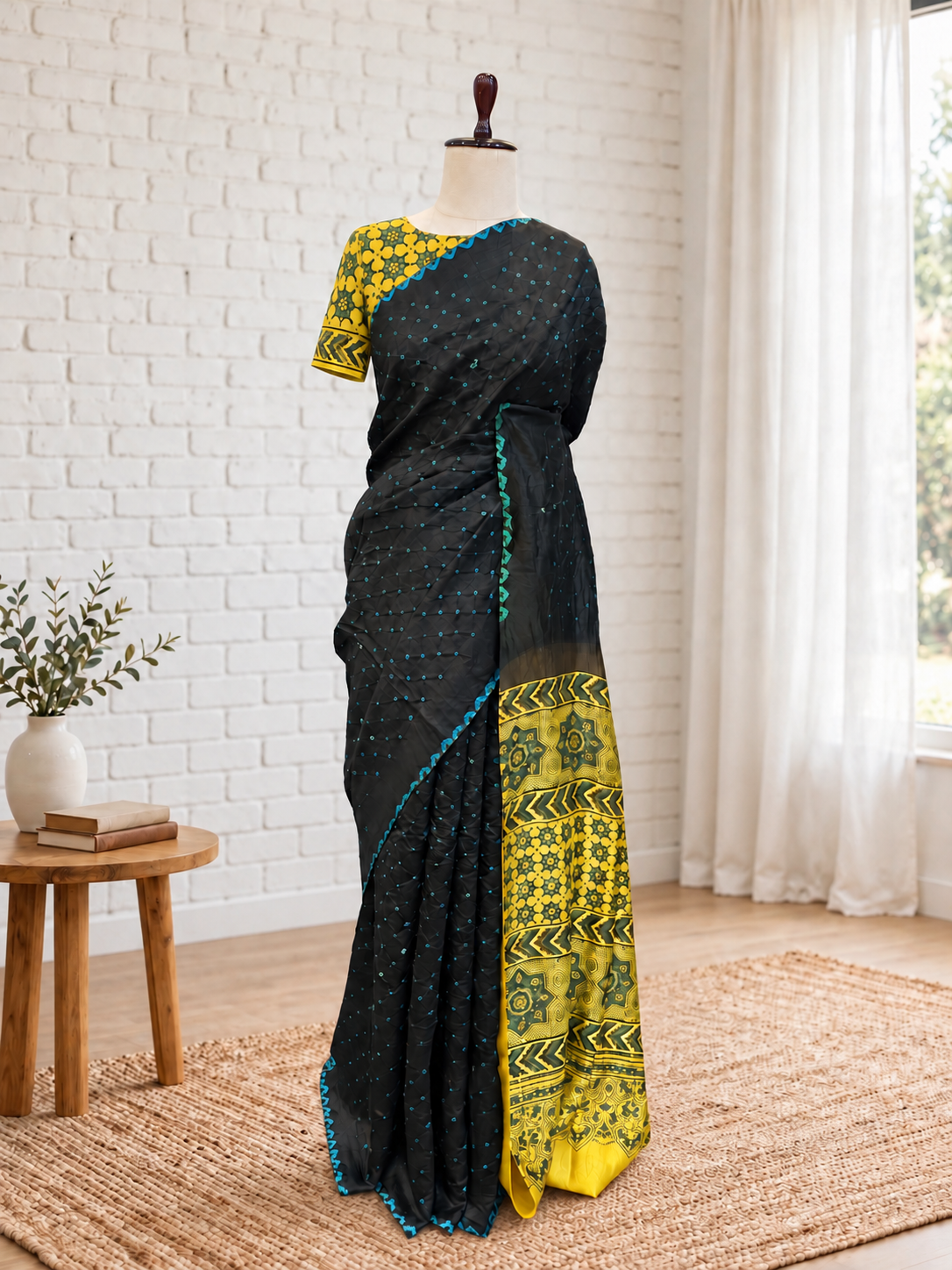 Pure Bandhini Tussar Ajrak Saree