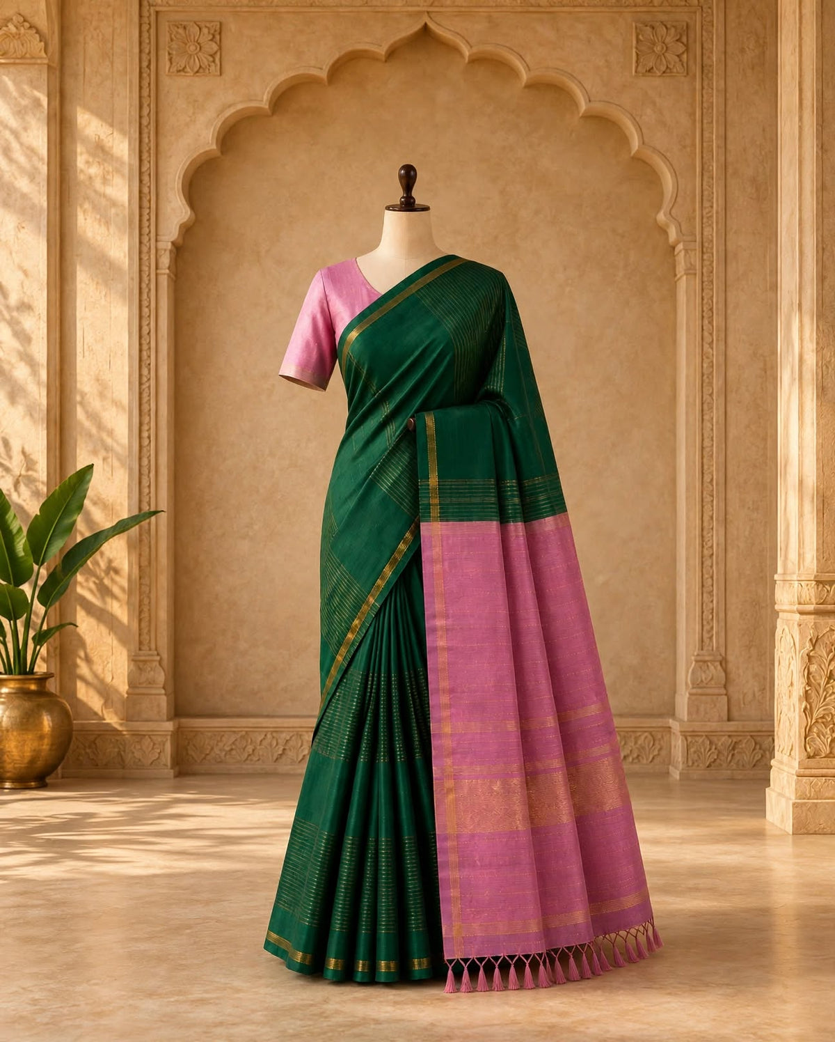Pure Kanjivaram Green Pink Silk Saree