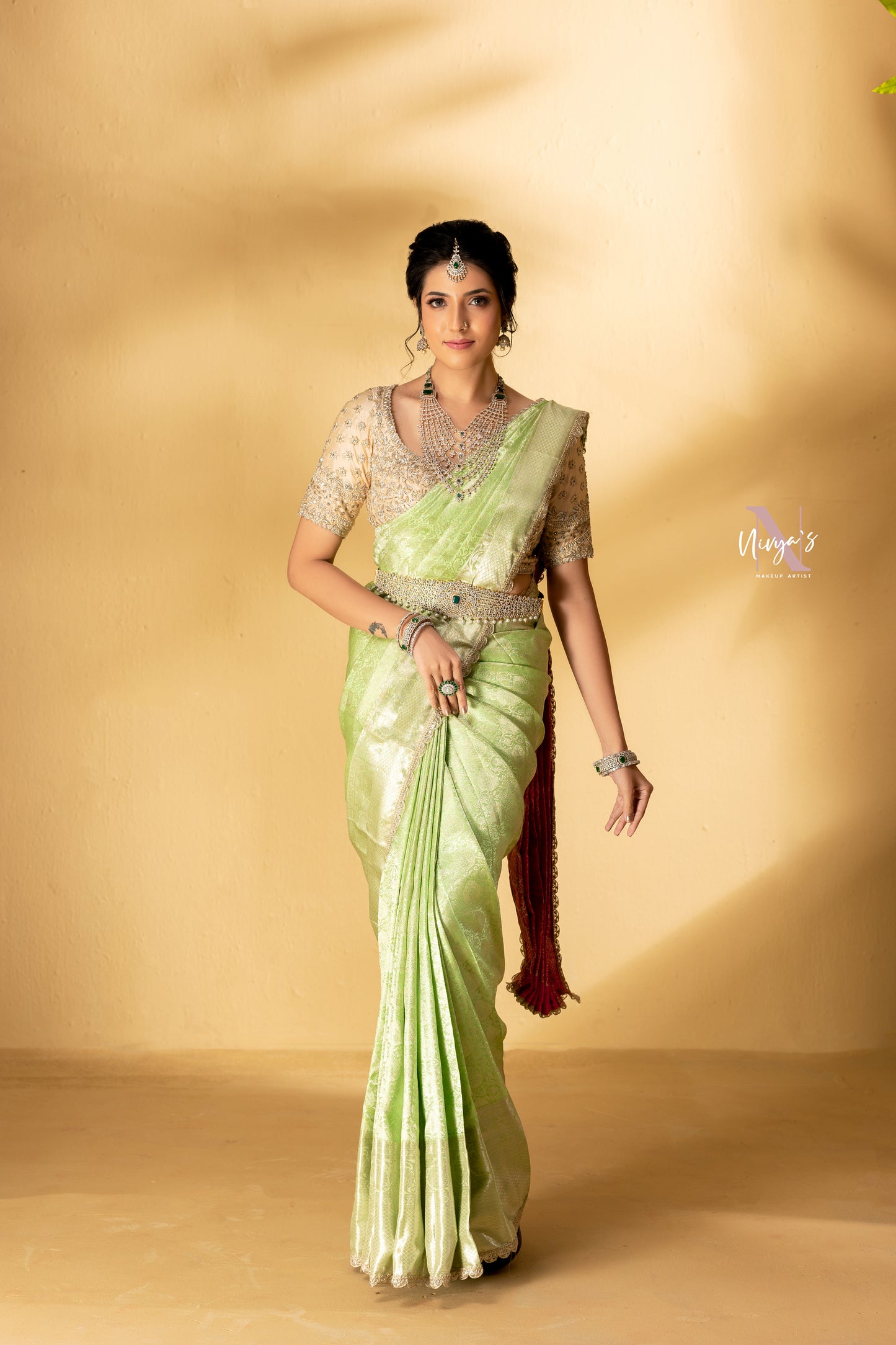 Pista Green & Red Woven Silk