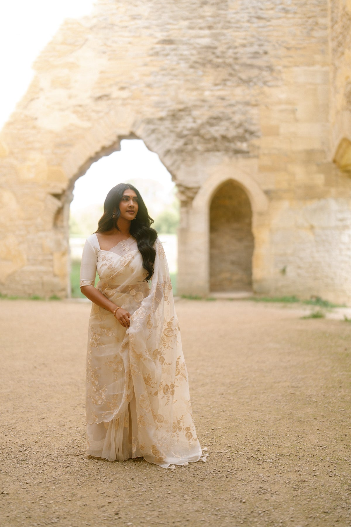 Vithya's Ivory Organza Embroidered Saree