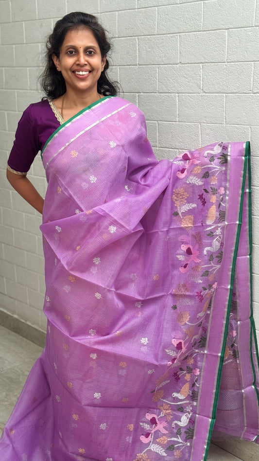 Lavender & Green Pure Zari Kota Saree