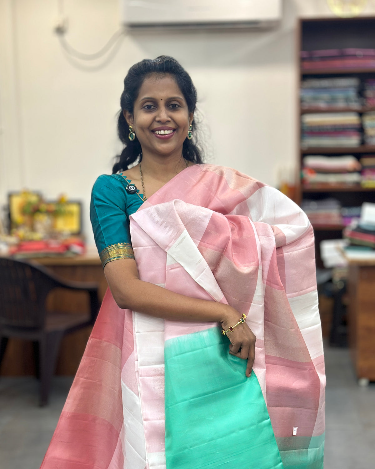 Baby Pink & Green Gold Pure Soft Silk Saree