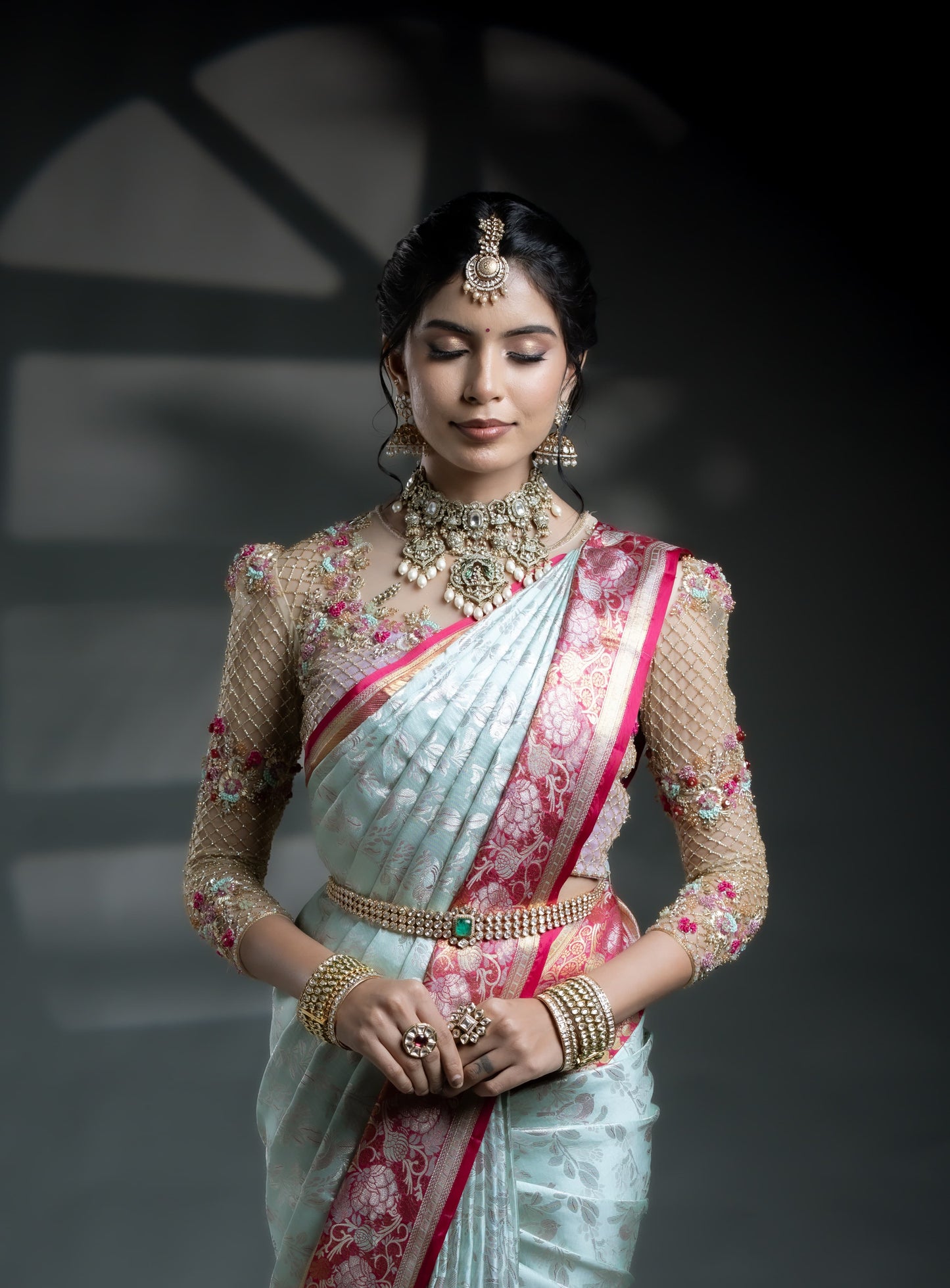 Blue & Pink Brocade Kanjivaram