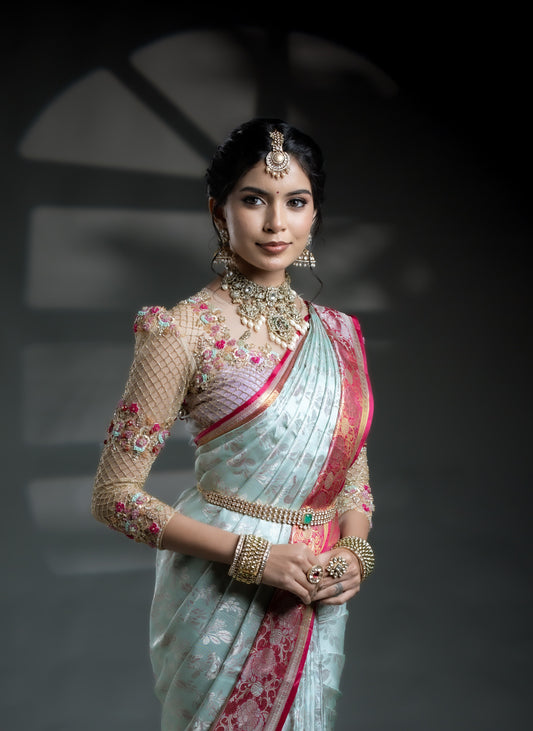 Blue & Pink Brocade Kanjivaram