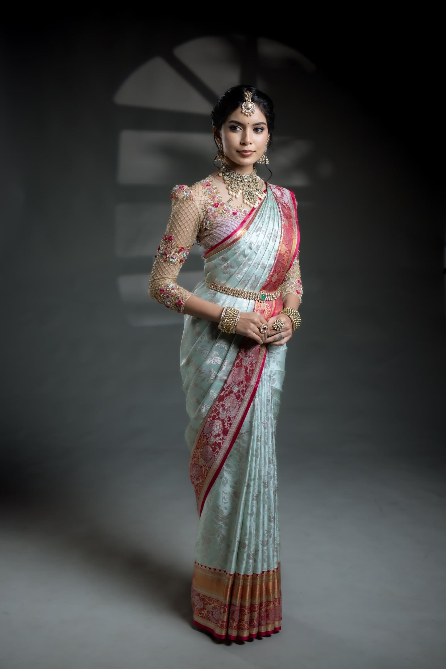 Blue & Pink Brocade Kanjivaram