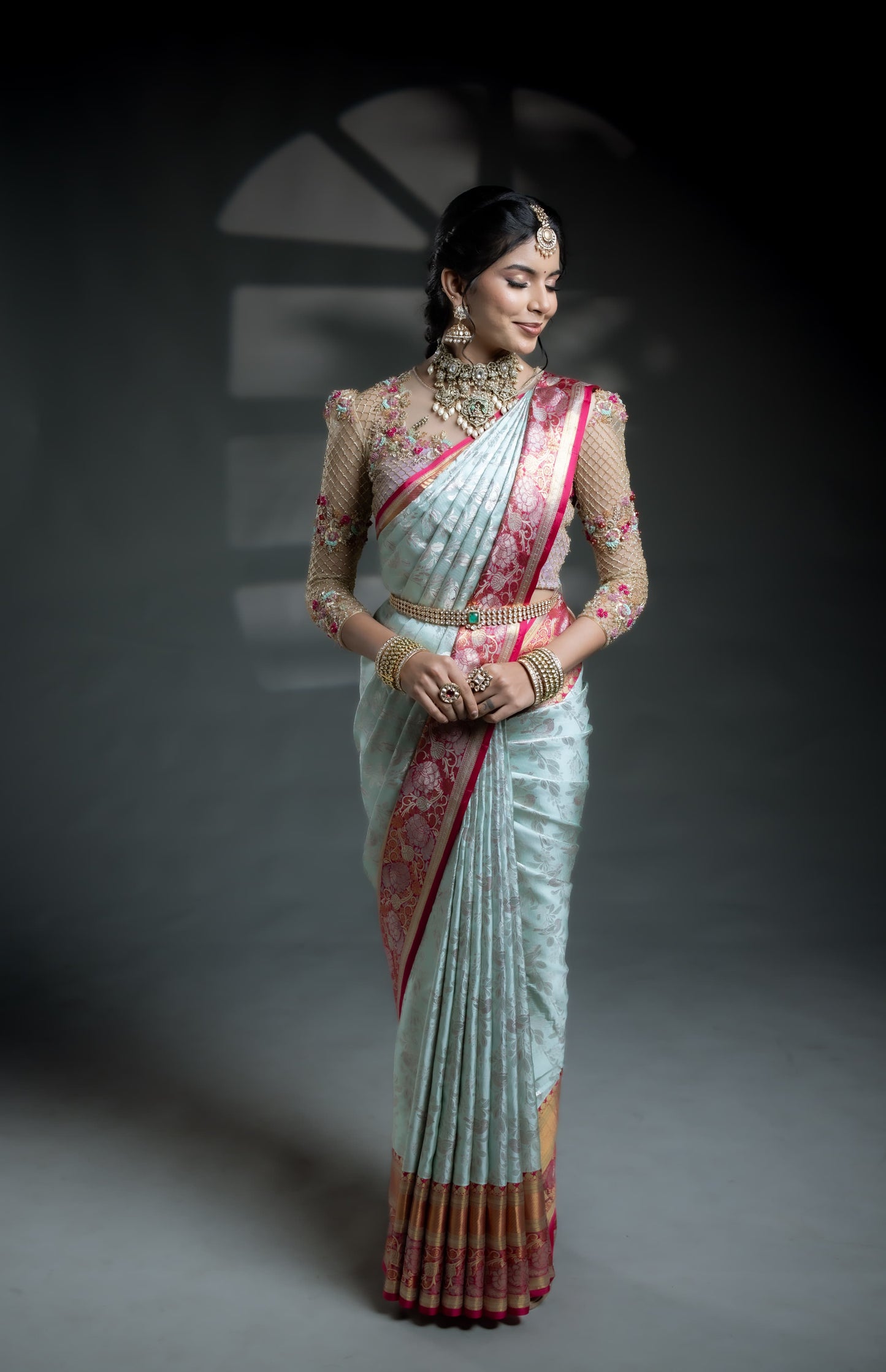 Blue & Pink Brocade Kanjivaram