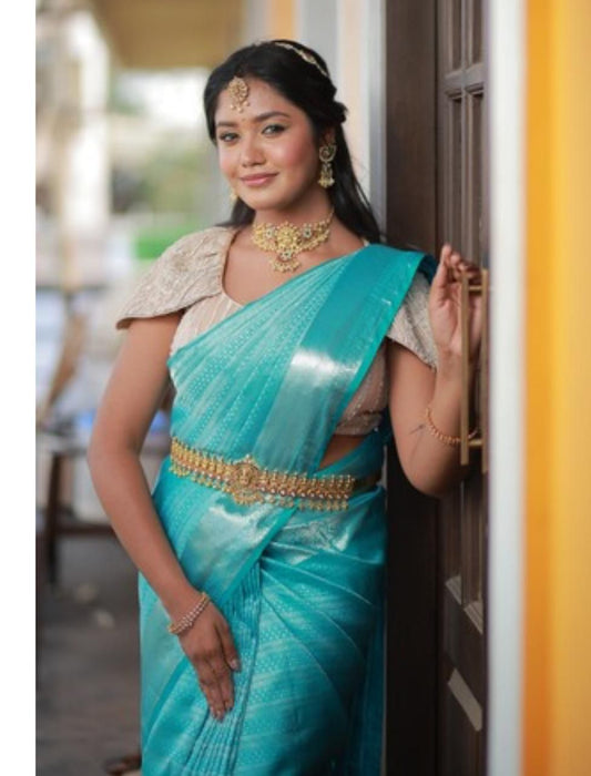 Blue Silver Woven Silk