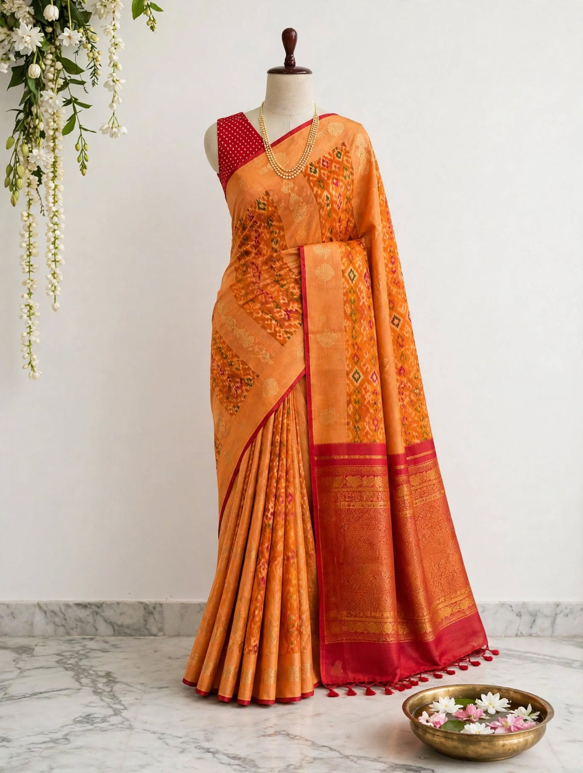 Orange Red Pure Ikkat Kanjivaram Silk Saree