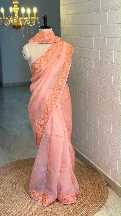 Pure Organza Kantha Peach Saree