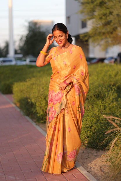 Srinidhi Yellow Linen Tissue Saree