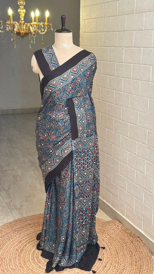 Modal Mirror Work Saree Indigo