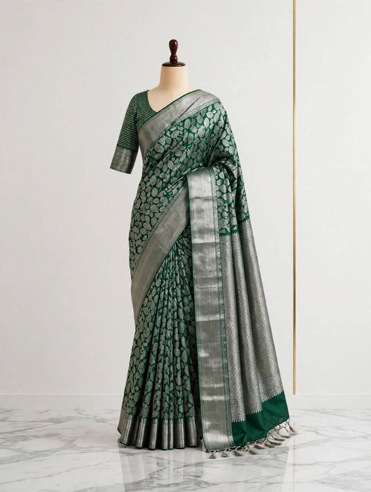Pure Kanjivaram Silver Woven Bottle Green Silk Saree