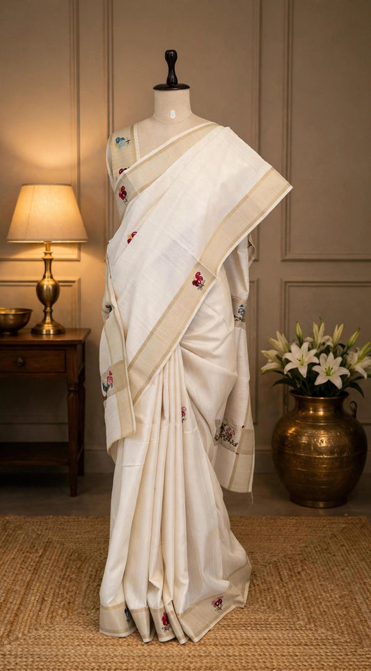 Blended Tussar White Floral Saree