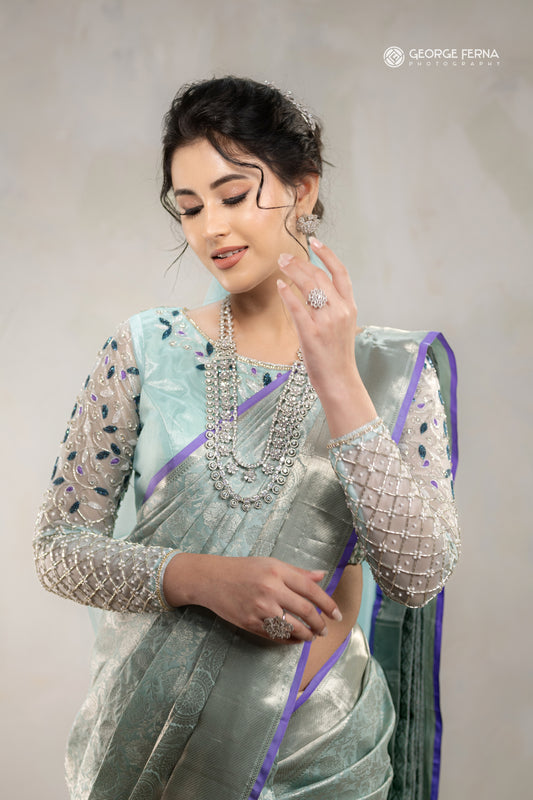 Pastel Blue Silver Woven Silk
