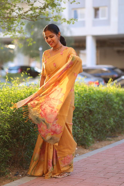 Srinidhi Yellow Linen Tissue Saree