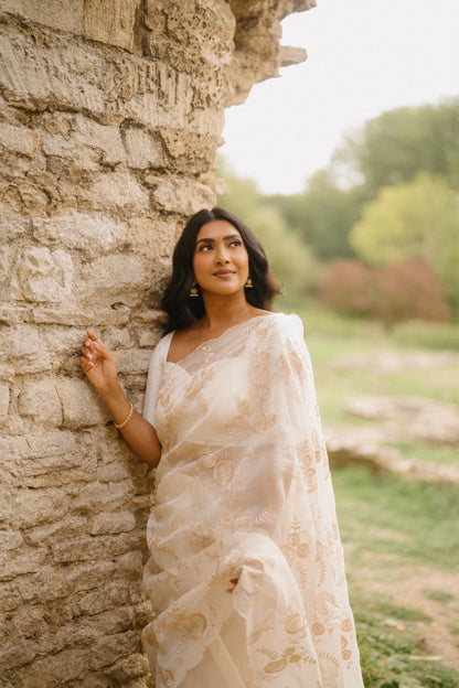 Vithya's Ivory Organza Embroidered Saree