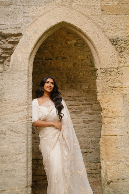 Vithya's Ivory Organza Embroidered Saree