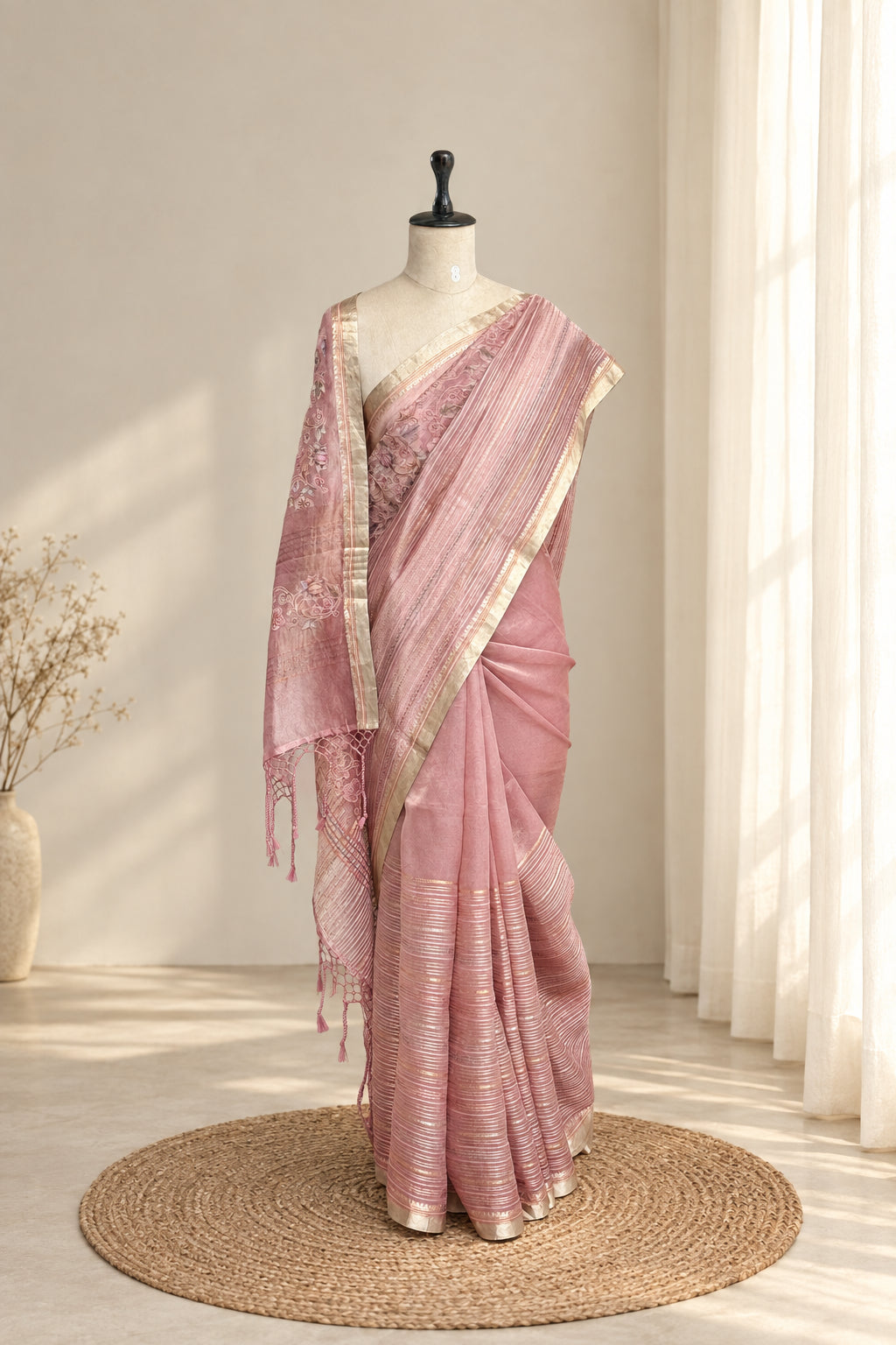 Pure Organza Embroidered Pastel Pink Saree