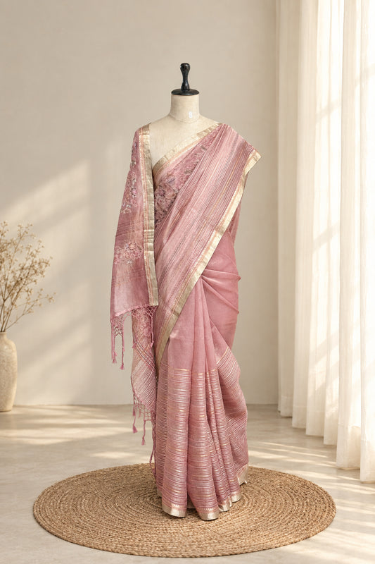 Pure Organza Embroidered Pastel Pink Saree