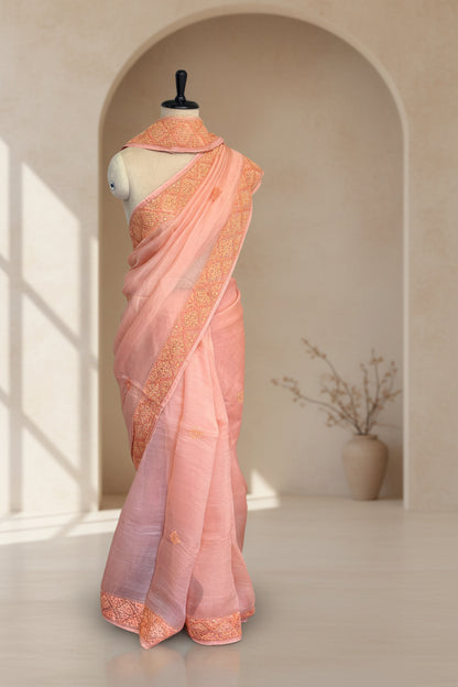 Pure Organza Kantha Peach Saree