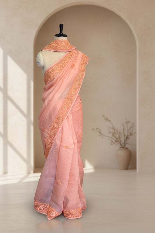 Pure Organza Kantha Peach Saree