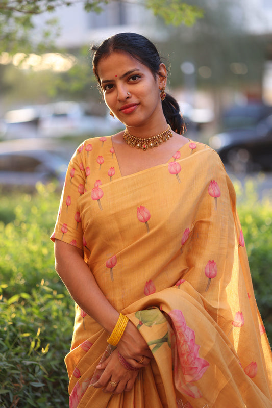 Srinidhi Yellow Linen Tissue Saree