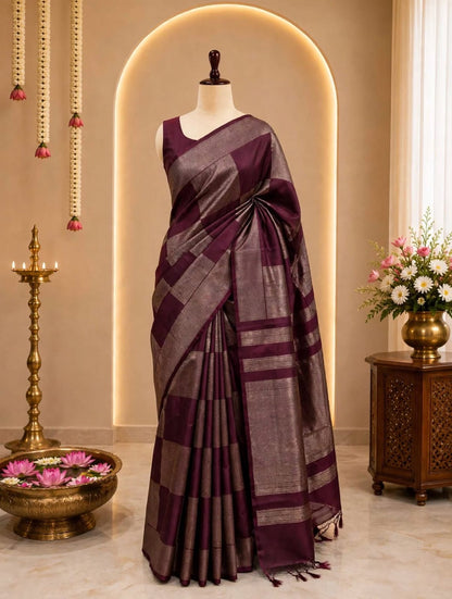 Plum Silver Zari Woven Soft Silk Saree