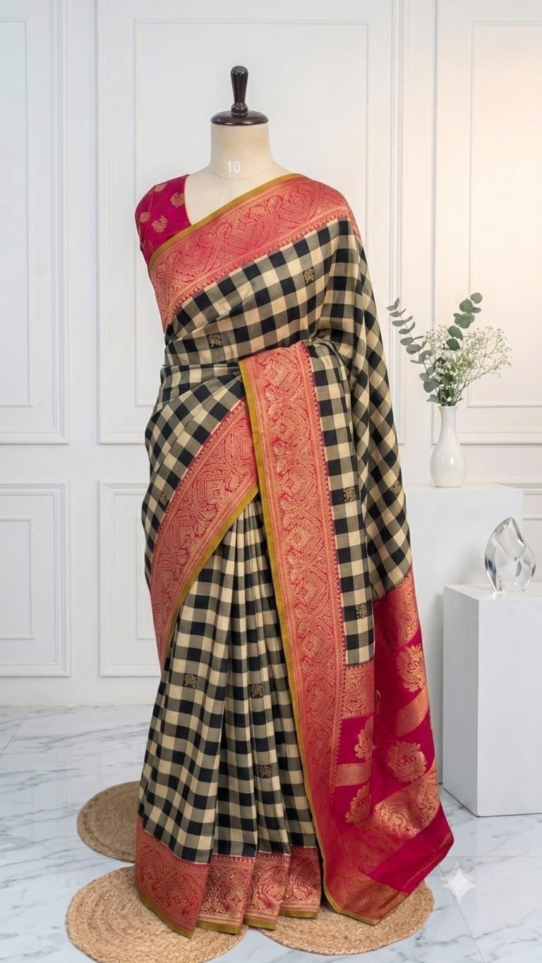 Blended Viscose Pattu Checkered Saree
