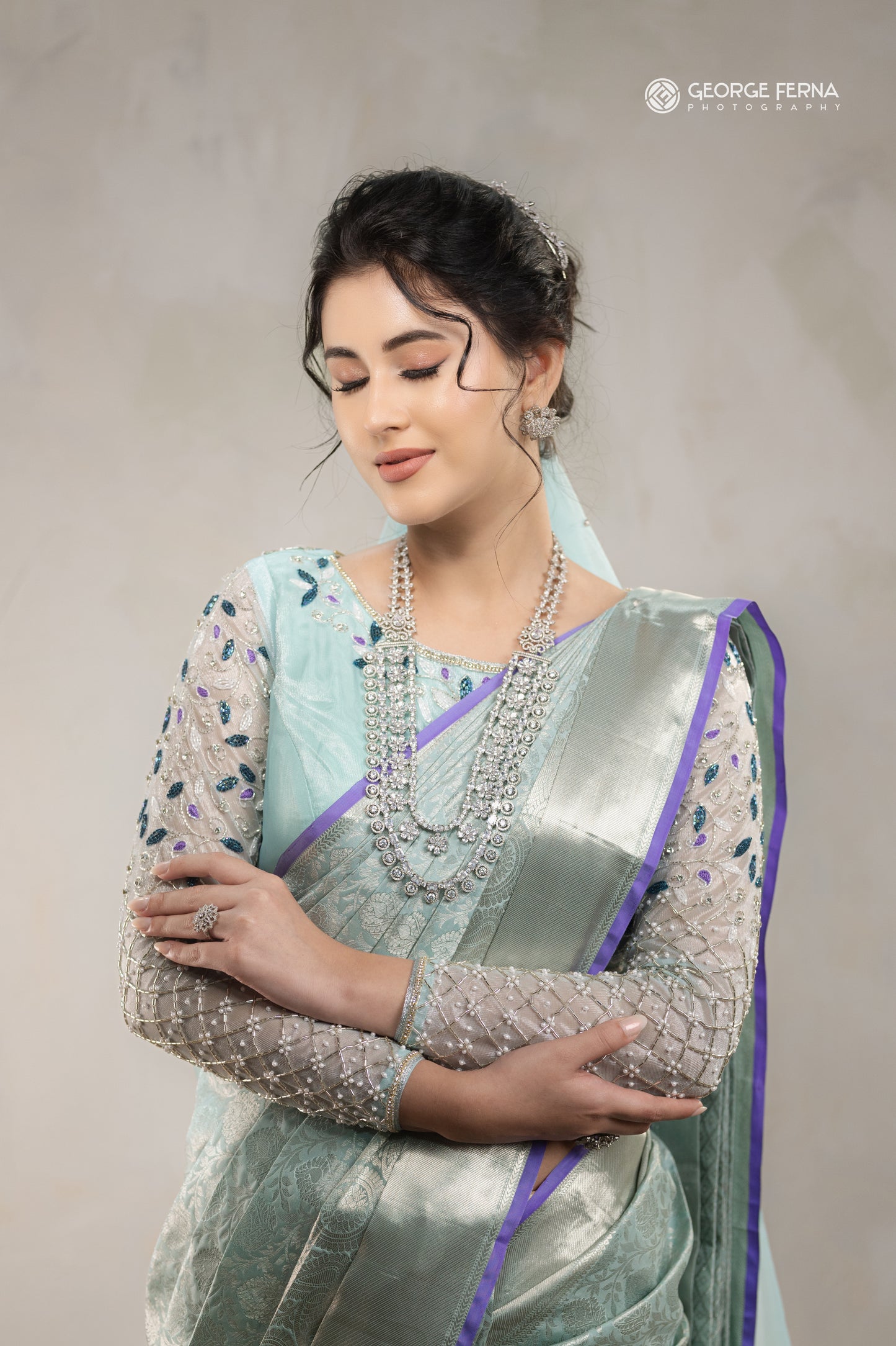 Pastel Blue Silver Woven Silk