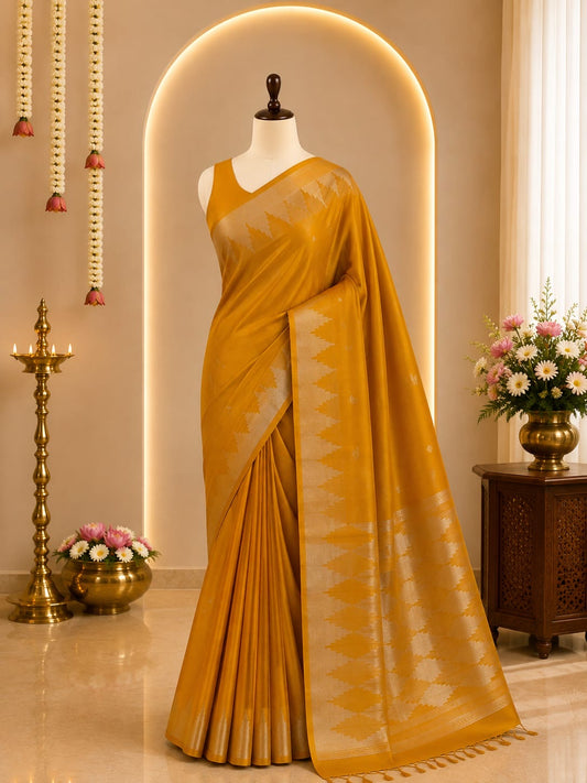 Mustard Gold Zari Woven Soft Silk Saree