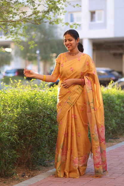 Srinidhi Yellow Linen Tissue Saree