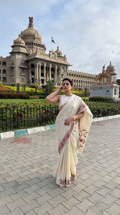 Deepthi's White Blended Tussar Cross Stitch Embroidery Saree