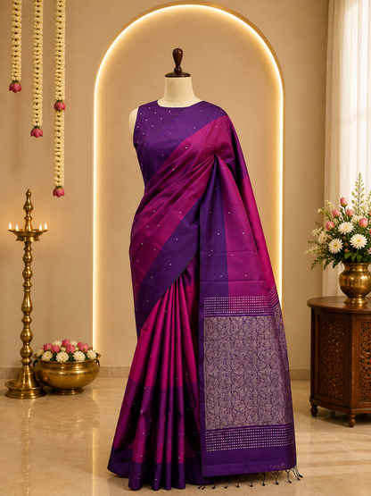 Purple & Wine Silver Zari Woven Soft Silk Saree