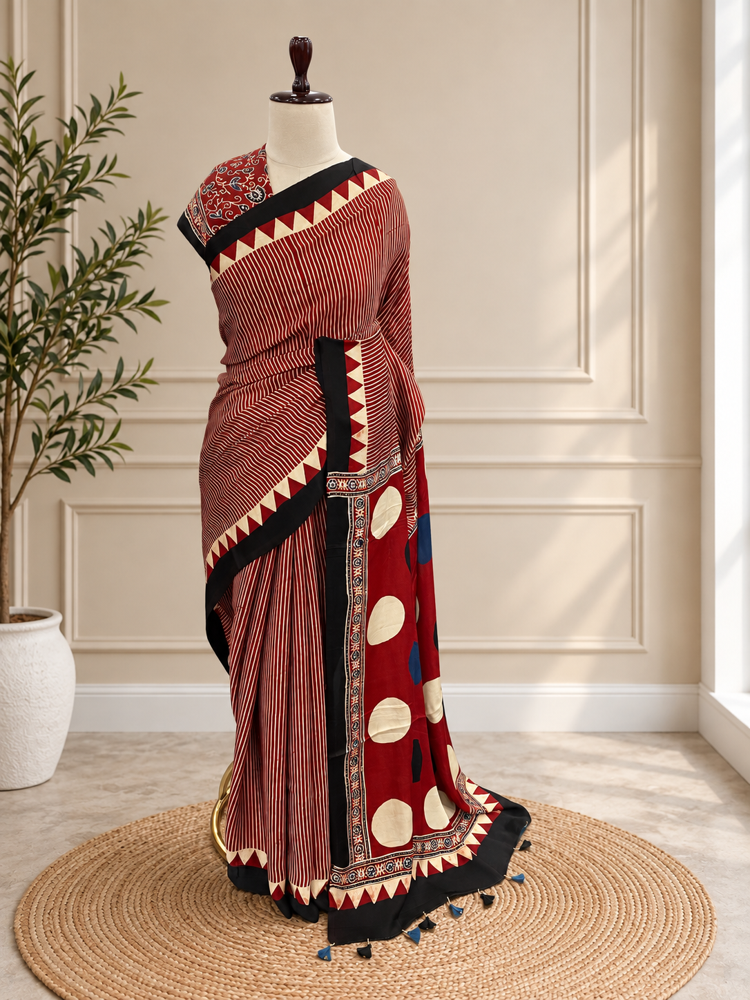 Pure Modal Ajrak Red Saree