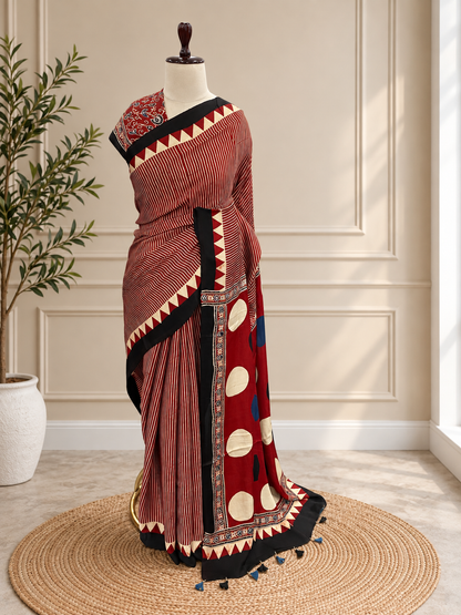Pure Modal Ajrak Red Saree