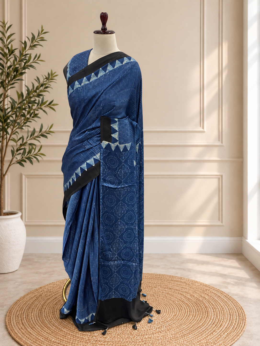 Pure Modal Ajrak Indigo Saree