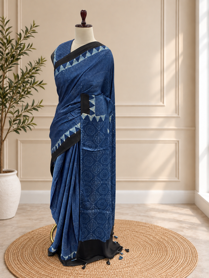 Pure Modal Ajrak Indigo Saree