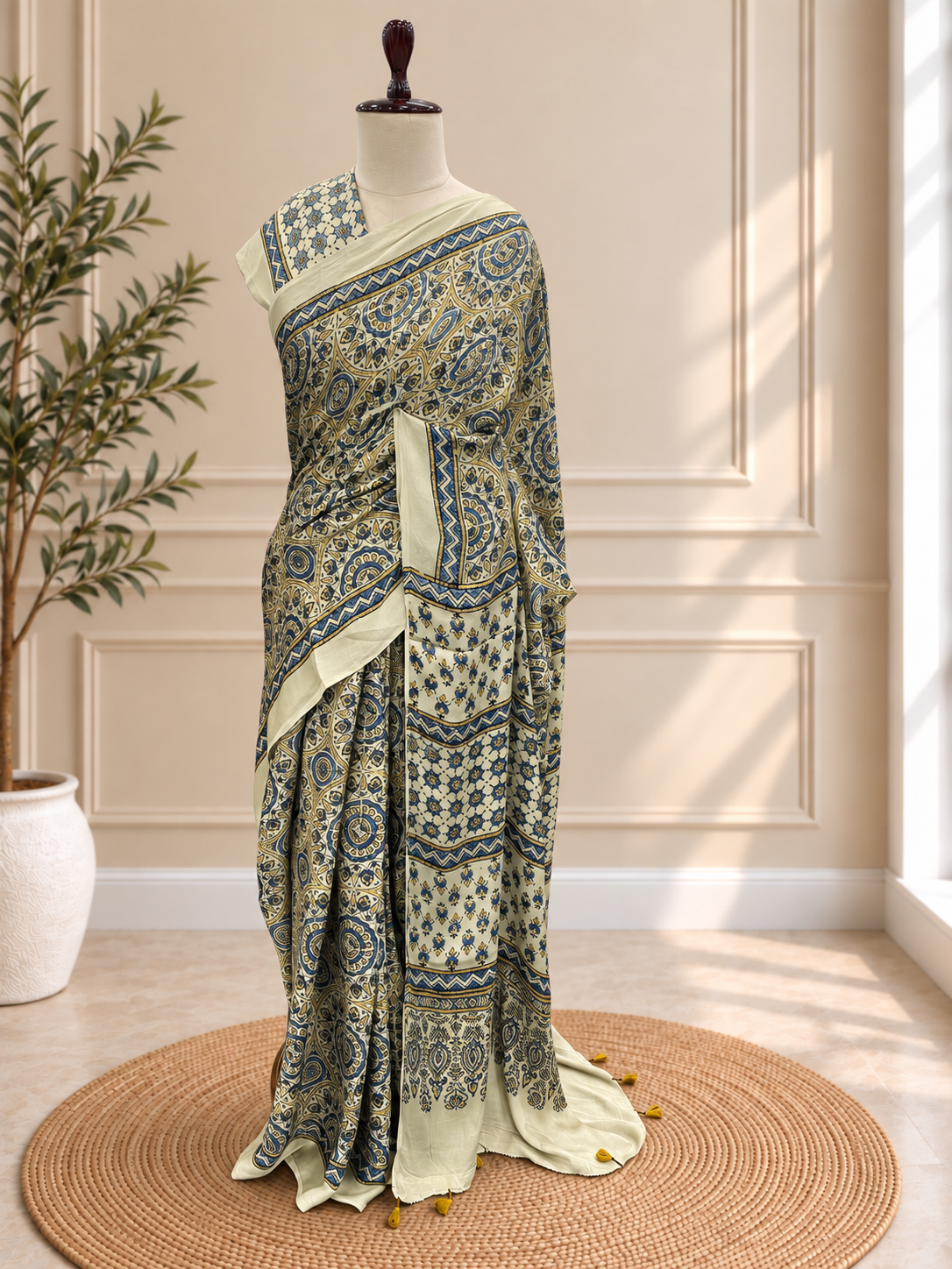 Pure Modal Ajrak Green Saree