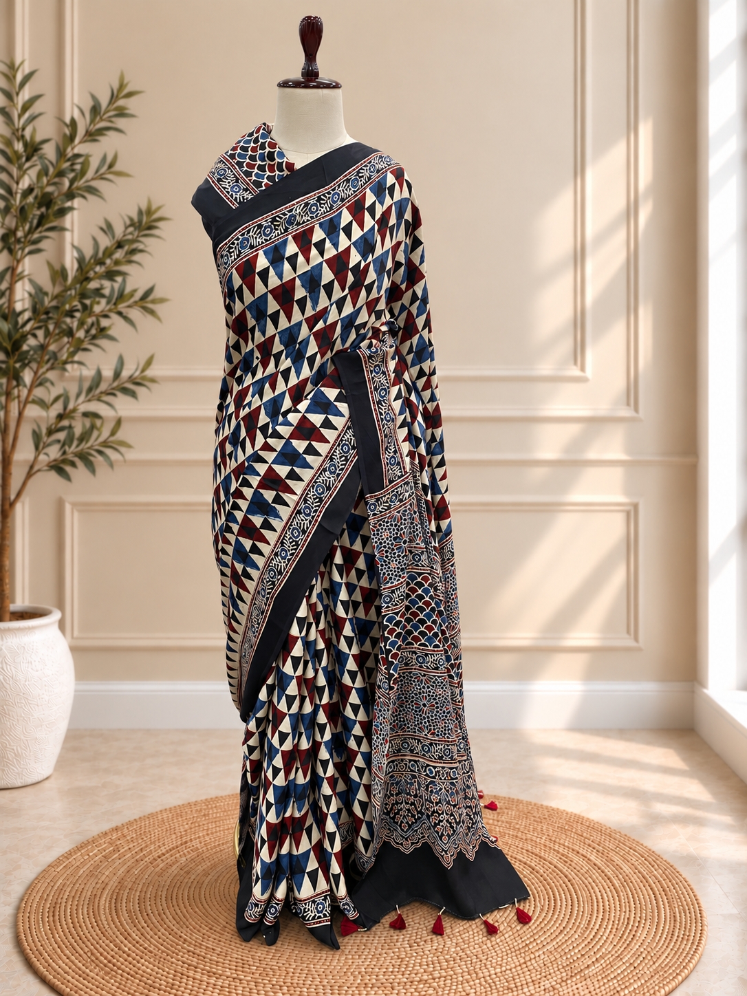 Pure Modal Ajrak Off White Saree