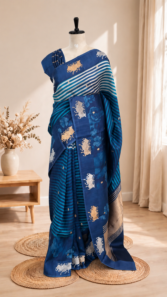 Pure Raw Mango Silk Pichwai Blue Saree