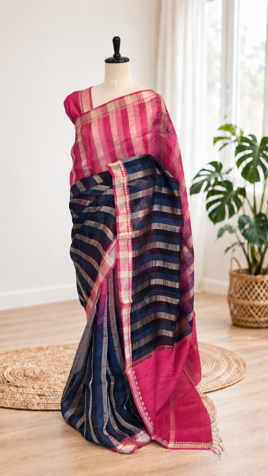 Pure Organza Silk Stripe Pink Blue Saree