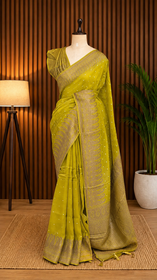 Moonga Tussar Mirror Work Saree